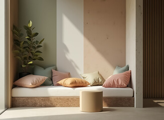 built-in bench seat with plush pillows in a sunlit corner