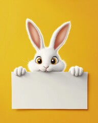 Obraz premium Adorable white rabbit peeking from behind a blank sheet on a cheerful yellow background