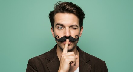 The Whispering Gentleman with a Mustache - A man with a playful fake handlebar mustache winks and holds a finger to his lips