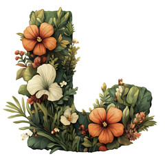 Illustration showcasing a decorative letter L adorned with an array of colorful, intricate flowers and lush leaves, emphasizing creativity, floral beauty, and artistic expression.