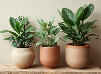 three potted plants with lush green foliage arranged on a rustic wooden surface
