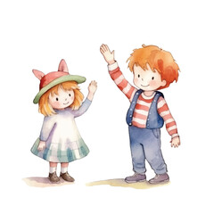 kid high five cute watercolors illustration on white background