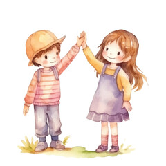 kid high five cute watercolors illustration on white background