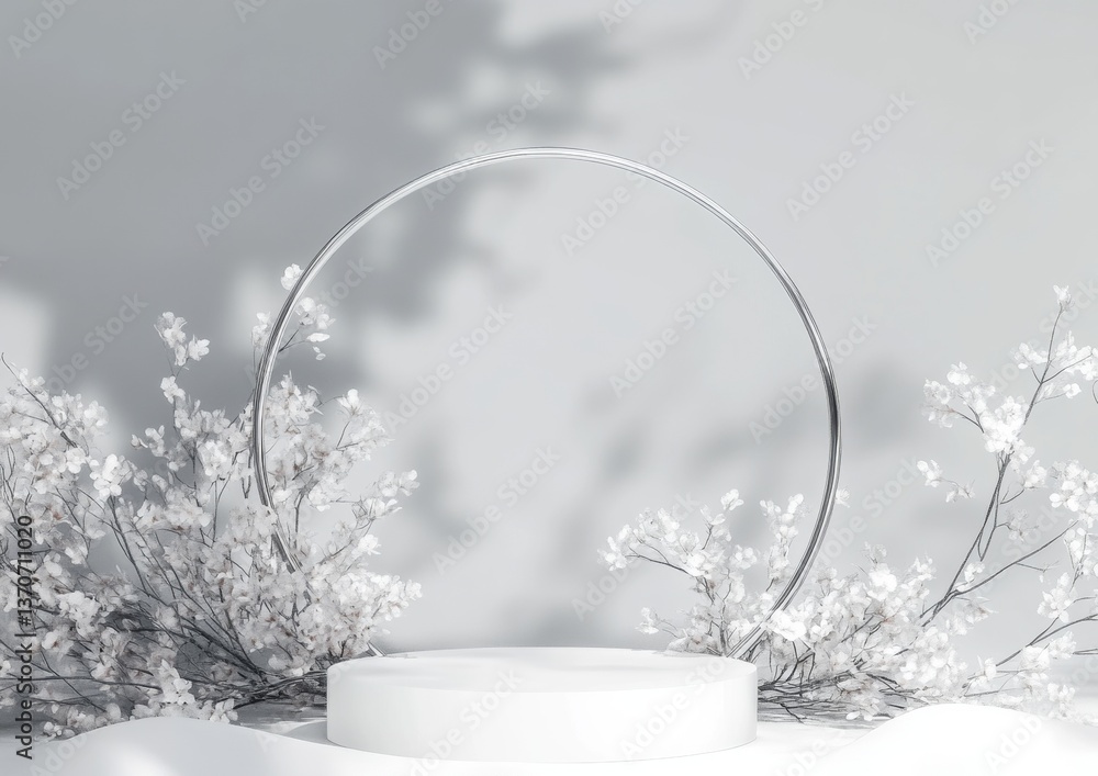 Poster clean white and silver circular podium with a soft gradient background for elegant product display