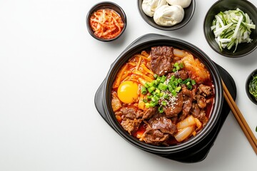 A Beautifully Arranged Korean Bapsang Featuring Kimchi, Fresh Vegetables, and Meat
