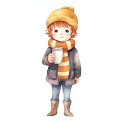 kid holding coffee cute watercolors illustration on white background