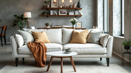 cream sofa with mustard yellow and gray pillows in a cozy living room