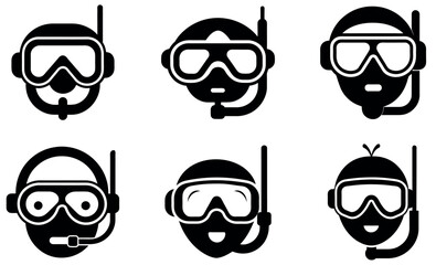 Six scuba divers with snorkels, set of icons.