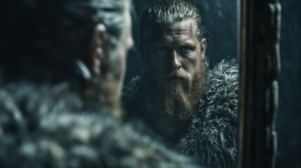 Contemporary man examining his altered reflection resembling a legendary Norse figure in an intriguing mirror scene