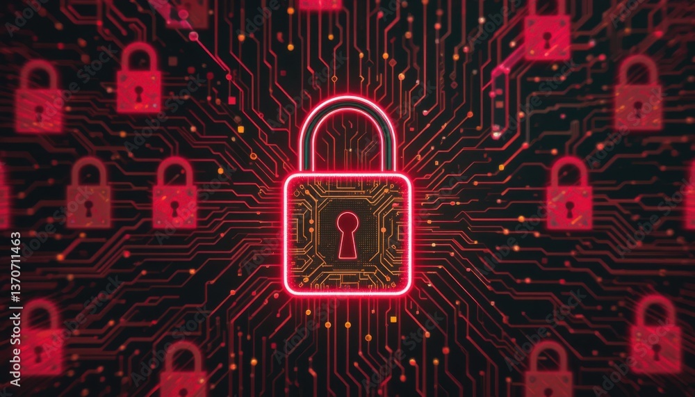 Poster cybersecurity bold red and green lock pattern on circuit board background