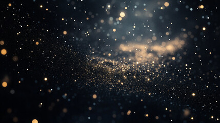 Obraz premium A dark background with numerous small white and gold particles scattered around the composition space