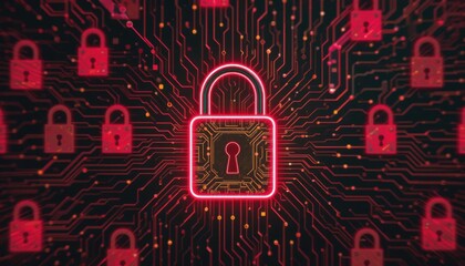 Obraz premium Cybersecurity Bold Red and Green Lock Pattern on Circuit Board Background
