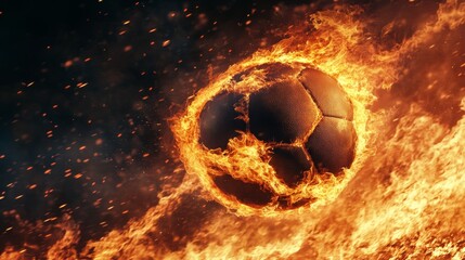 Fototapeta premium Dynamic action shot depicting a football soaring through roaring fiery skies in a dramatic explosion of energy
