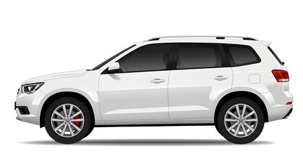 Naklejka premium A vector illustration of a modern white car SUV, side view, with black trim and silver alloy wheels. Isolated on white background. Perfect for automotive concepts and transportation themes.
