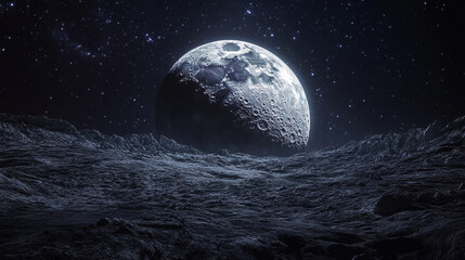 Fototapeta premium A close up of the moon surface with craters under a starry night sky in a dark space scene