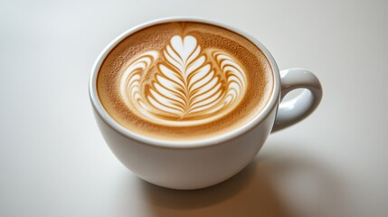 Elegant handcrafted latte art featuring a delicate leaf pattern in a modern white ceramic cup