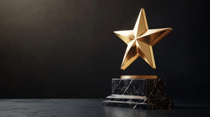 Elegant Golden Star Trophy with Reflective Surface on Polished Black Marble Base Highlighting Award Excellence