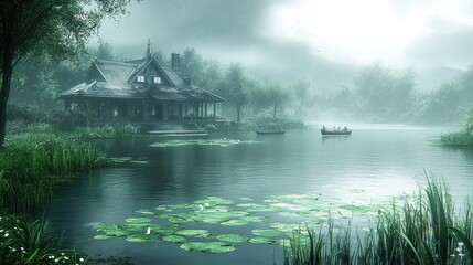 Fototapeta premium Lakeside house on a misty day with reflections in the still lake, boaters enjoying the peaceful scenery