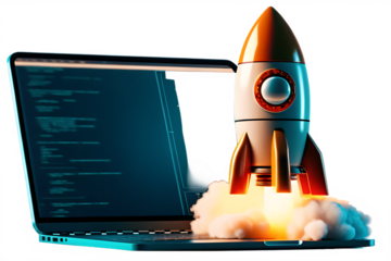 digital illustration of laptop and rocket isolated on white background as transparent PNG. GENERATIVE AI