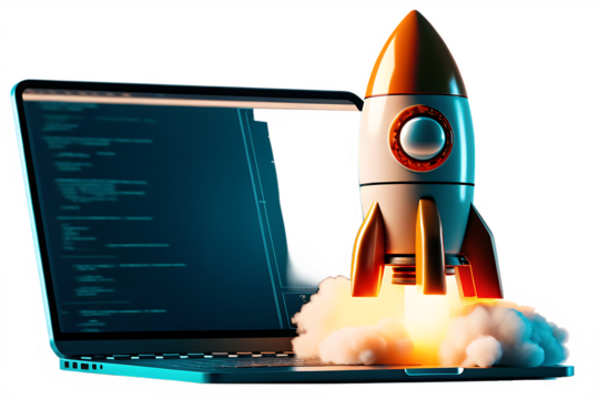 digital illustration of laptop and rocket isolated on white background as transparent PNG. GENERATIVE AI