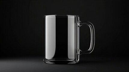 Glass mug sits on a dark surface with a plain black background showing reflections.
