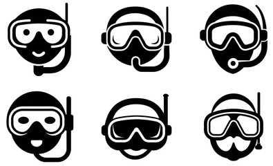 Six scuba divers with snorkels, set of icons.