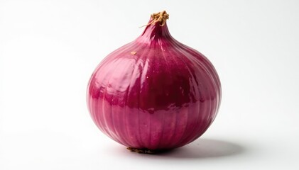 Perfectly centered red onion, sharp focus, minimalist white backdrop, purple, nature