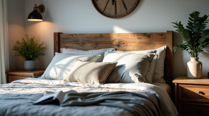 sunlit bedroom with wooden bed and soft linens