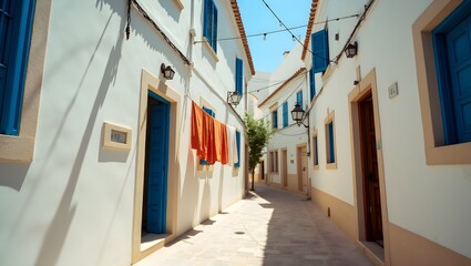 Obraz premium The narrow street and the colorful accents evoke a feeling of old-world charm and relaxation, making this image a perfect choice for travel-themed art prints, website banners, or architectural inspira