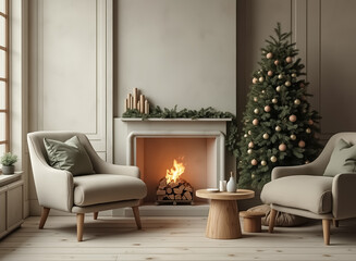 cozy living room with fireplace and decorated christmas tree