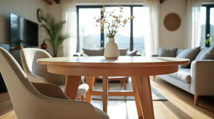 round wooden dining table with beige chairs in a sunlit living room
