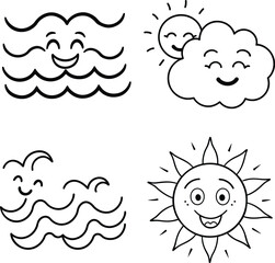 Happy sun and fluffy clouds in a bright blue sky icon set