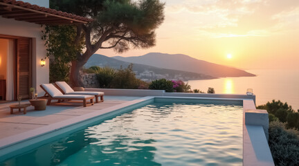Fototapeta premium luxury villa infinity pool with sunset ocean view