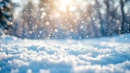 A close-up shot of snow-covered ground with snowflakes falling
