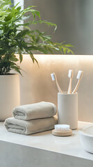 Plush organic cotton towels folded on a polished marble counter eco friendly, bathroom accessories