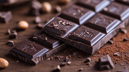 Close up of dark chocolate bar pieces with hazelnuts and cocoa powder on a wooden surface