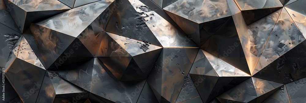 Poster abstract panoramic background of a dark, faceted geometric surface with low-poly metallic or stone t