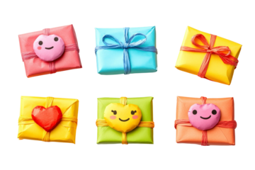 Colorful Gift Boxes for Celebrations and Special Occasions with Cheerful Faces, Bright Ribbons, and Festive Wrapping Paper Designs