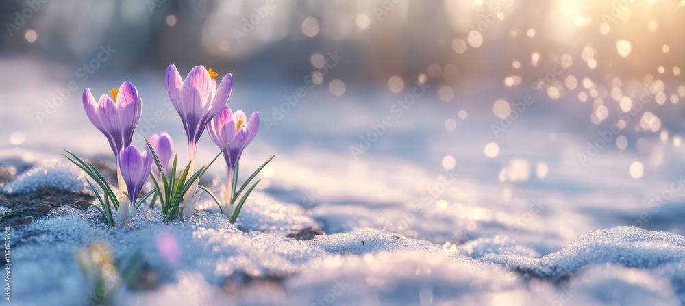 Poster vibrant crocuses emerging through snow in early spring field with soft blurred background