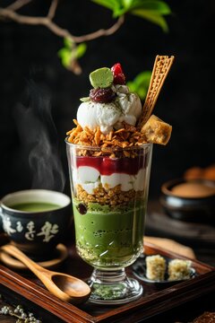 A luxurious matcha parfait in a tall glass, layered with green tea ice cream, mochi, azuki red bean paste, crispy cornflakes, and matcha jelly