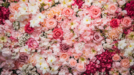 ピンクと白のバラや芍薬が敷き詰められた華やかなフラワーウォール