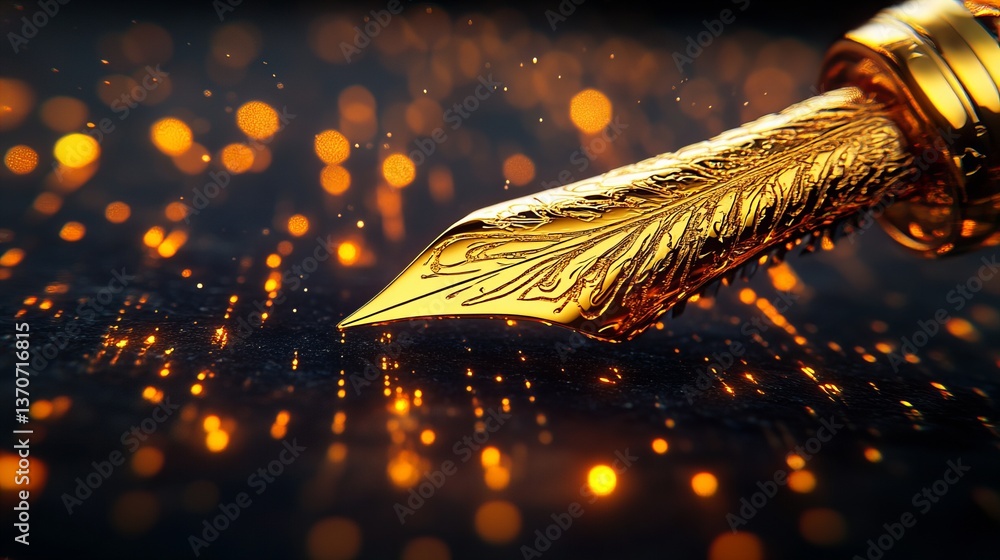Aufkleber golden nib with engraved feather details lies on dark surface with bokeh lighting, creating artistic