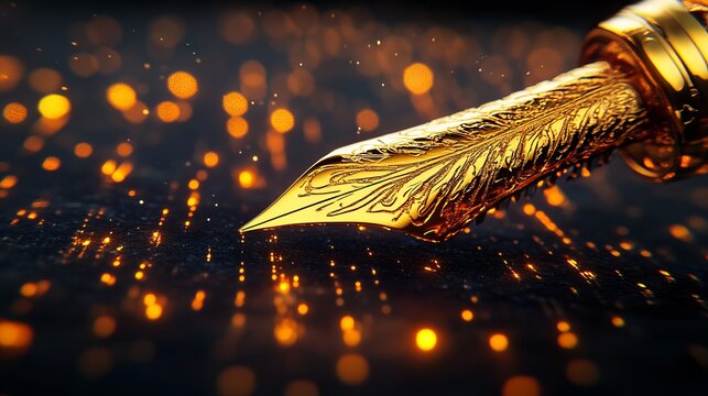 Golden nib with engraved feather details lies on dark surface with bokeh lighting, creating artistic composition.
