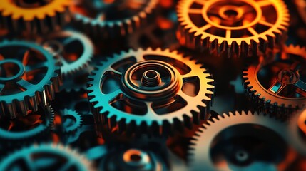 A close-up view of a complex arrangement of colorful gears