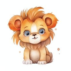 lion sitting cute watercolors illustration on white background