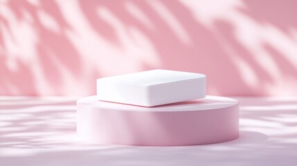 Pink product display with leaf shadows. Abstract, minimal, and serene