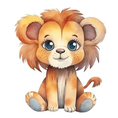 lion sitting cute watercolors illustration on white background