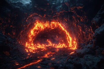 A dark lava cave filled with molten rock and fire, creating an otherworldly atmosphere of the volcanic landscape