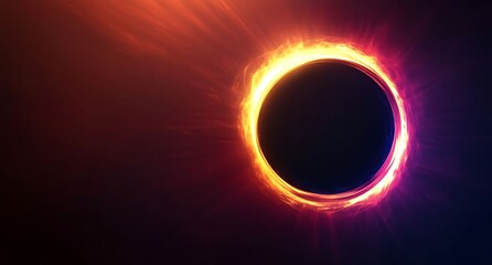 Abstract colorful light effects with a black hole sun eclipse in a dark sky. Illustration for banners or posters, featuring glowing elements and 3D rendering on a black background.