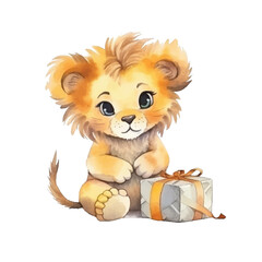 lion sitting cute watercolors illustration on white background
